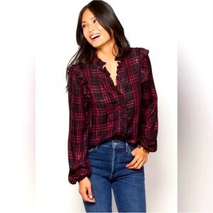 Evereve Charlotte Plaid Ruffle Blouse | Size Medium